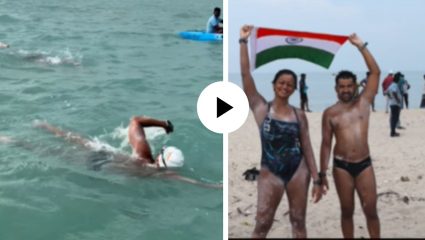 अविश्वसनीय! लाटांशी झुंज देत जोडप्याने श्रीलंकेहून भारतापर्यंत पोहत केला प्रवास, सोशल मीडियावर रंगली चर्चा; पाहा Viral Video