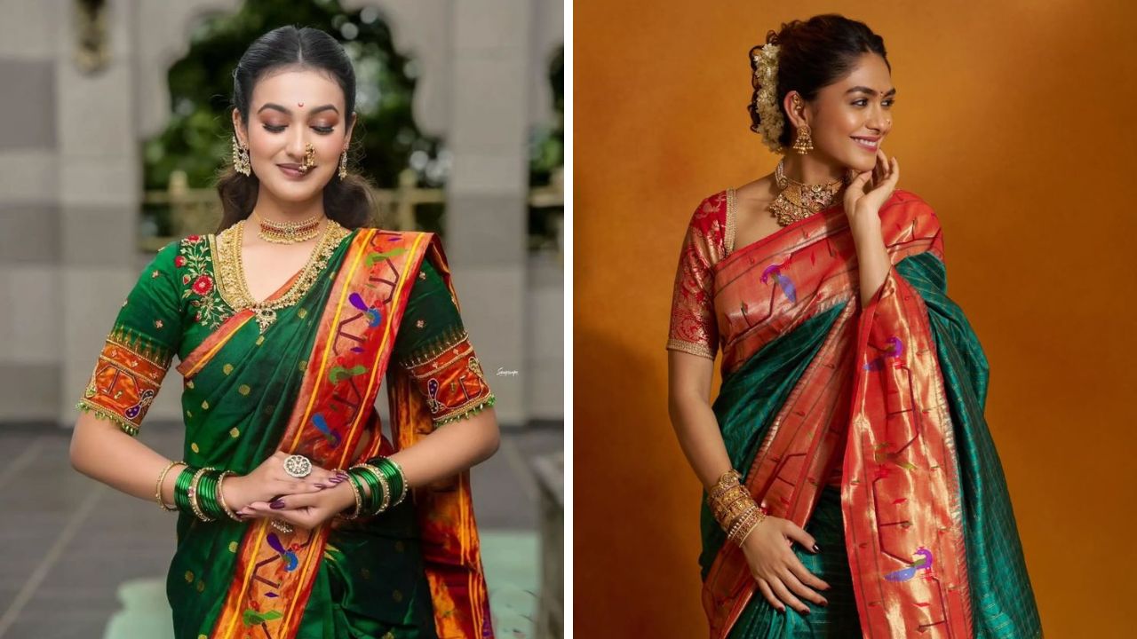 हिरवा रंग निर्सगाशी जोडलेला आहे. समृद्धीचे प्रतीक म्हणून सणावारांच्या दिवशी हिरव्या रंगची साडी नेसली जाते. हिरव्या लाल किंवा डार्क हिरव्या रंगचीपैठणी नसून पारंपरिक लुक करू शकता.