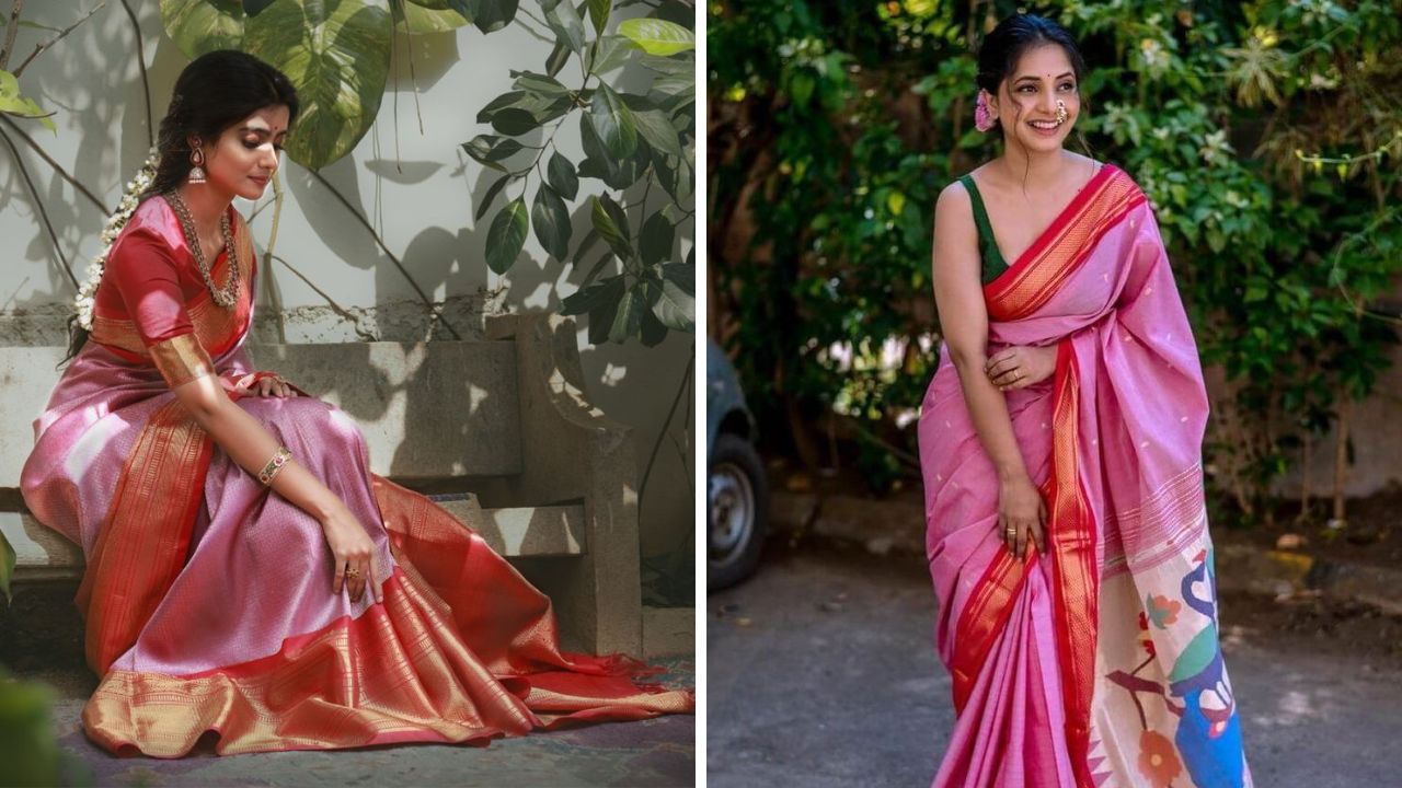 नात्यांमधील गोडवा, प्रेम आणि आदर वाढवण्यासाठी नवविवाहित स्त्रिया सणावारांच्या दिवशी गुलाबी रंगाची साडी परिधान करतात. लाईट गुलाबी रंगाच्या साडीवर हिरवे किंवा लाल ब्लाऊज सुंदर दिसेल.