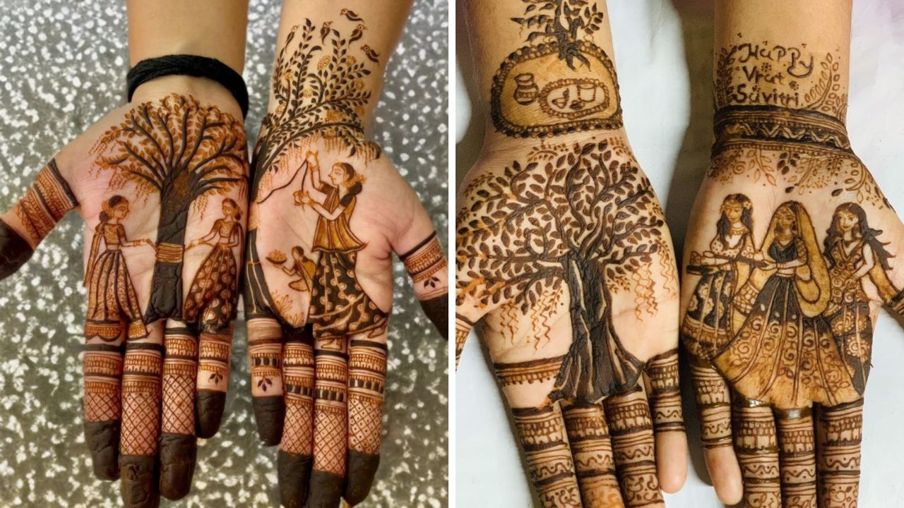 वटपौर्णिमेला वडाच्या झाडाची पूजा केली जाते. त्यामुळे हातांवर सुद्धा वडाचे झाड आणि इतर नाजूक डिझाईन काढून या पद्धतीने सुंदर मेहंदी काढू शकता. 