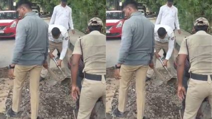 Wai News: सुरूर-पोलादपूर रस्त्याची दयनीय अवस्था; लोकप्रतिनिधी गप्प, थेट वाहतूक पोलिसानेच हातात फावडे घेऊन बुजवला खड्डा