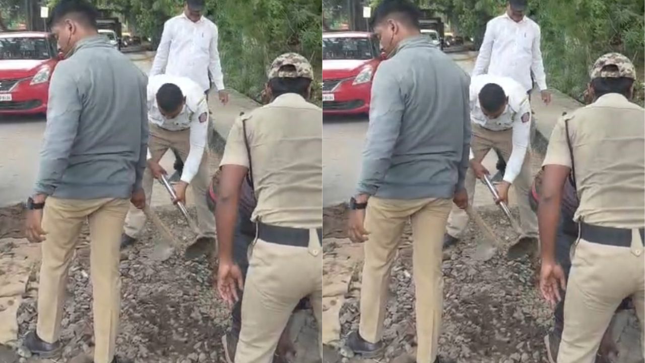 Wai News: सुरूर-पोलादपूर रस्त्याची दयनीय अवस्था; लोकप्रतिनिधी गप्प, थेट वाहतूक पोलिसानेच हातात फावडे घेऊन बुजवला खड्डा