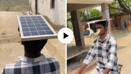 अरे बापरे! उन्हापासून वाचण्यासाठी तरुणाचाअनोखा जुगाड, डोक्यावर सोलार पॅनल तर तोंडाजवळ फॅन… पाहून यूजर्स अवाक्; Video Viral
