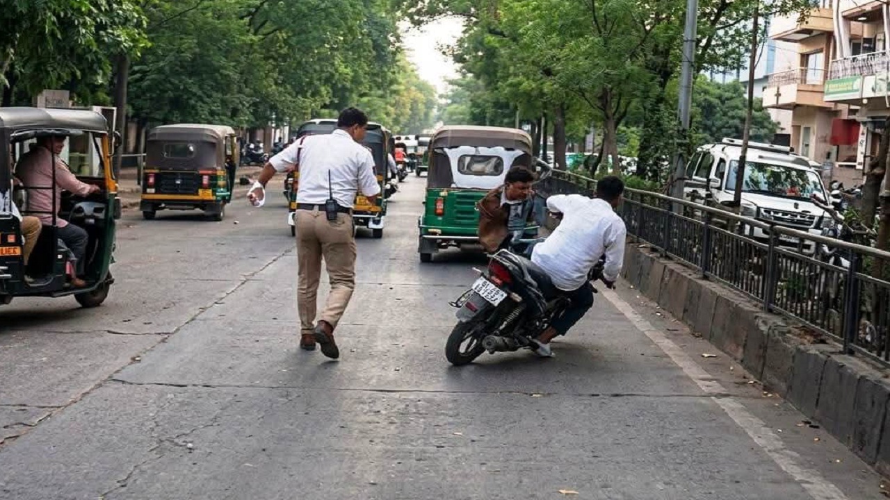 वाहतूक पोलिसामुळे तरुण गंभीर जखमी; दुचाकी थेट रस्त्याच्या दुभाजकावर आदळली