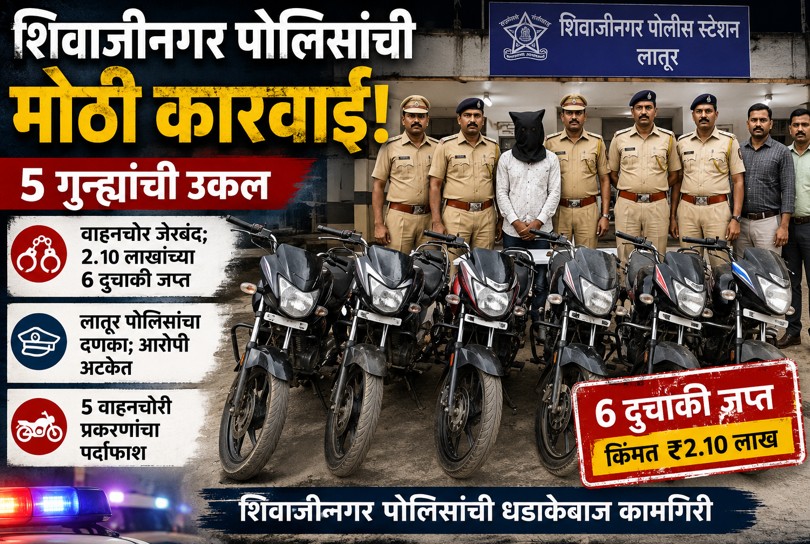 लातूर पोलिसांचा दणका:- वाहनचोरी करणाऱ्या आरोपीला अटक ६ मोटारसायकली पोलिसांच्या ताब्यात