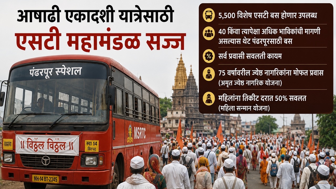 Ashadhi Wari 2026 : ‘ज्ञानोबा-तुकाराम’च्या जयघोषात विठुरायाच्या भेटीसाठी निघा; आषाढी यात्रेसाठी एसटीची विशेष बससेवा सज्ज Ashadhi Wari 2026 : ‘ज्ञानोबा-तुकाराम’च्या जयघोषात विठुरायाच्या भेटीसाठी निघा; आषाढी यात्रेसाठी एसटीची विशेष बससेवा सज्ज