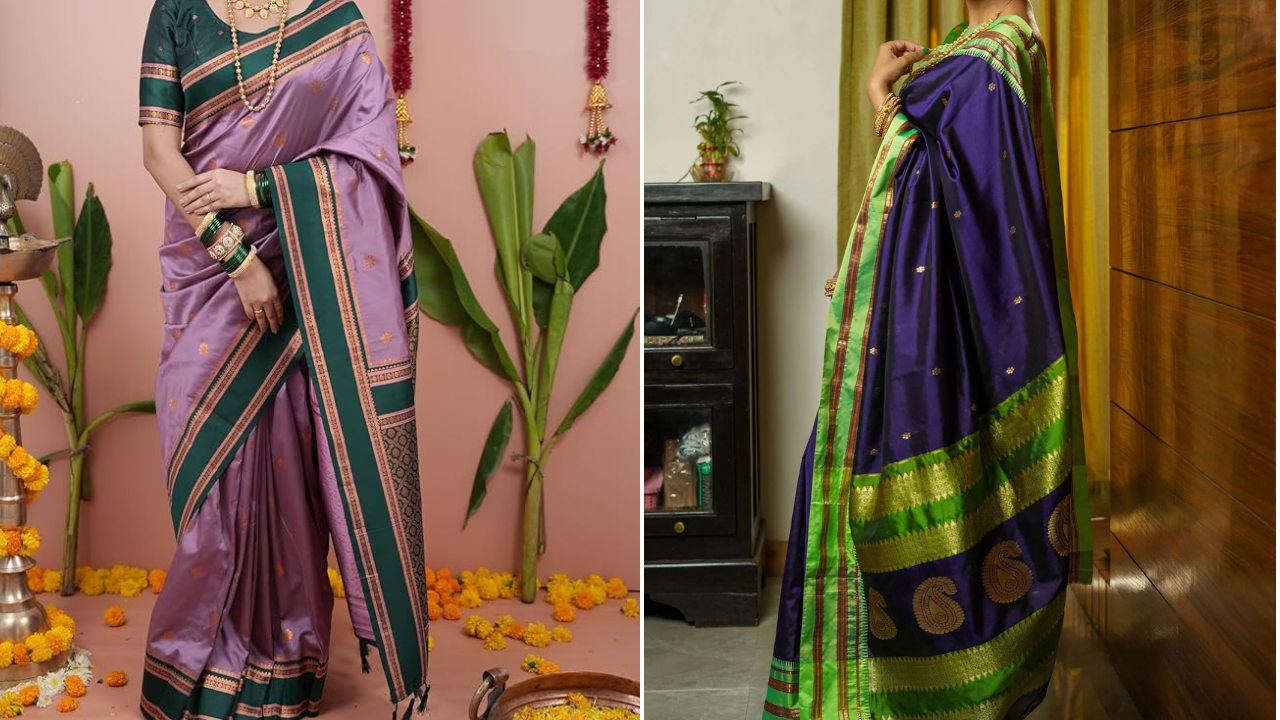 नारायण पेठ साडी सोलापूर जिल्ह्यातील सीमाभागात विणली जाणारी नारायण पेठ साडी तिच्या रुंद, आकर्षक सोनेरी काठांसाठी आणि अतिशय हलक्या रेशमी पोतासाठी प्रसिद्ध आहे. या साडीच्या काठांवर विणलेली मंदिराची नक्षी तिला अतिशय पारंपरिक आणि सात्विक लूक देते.