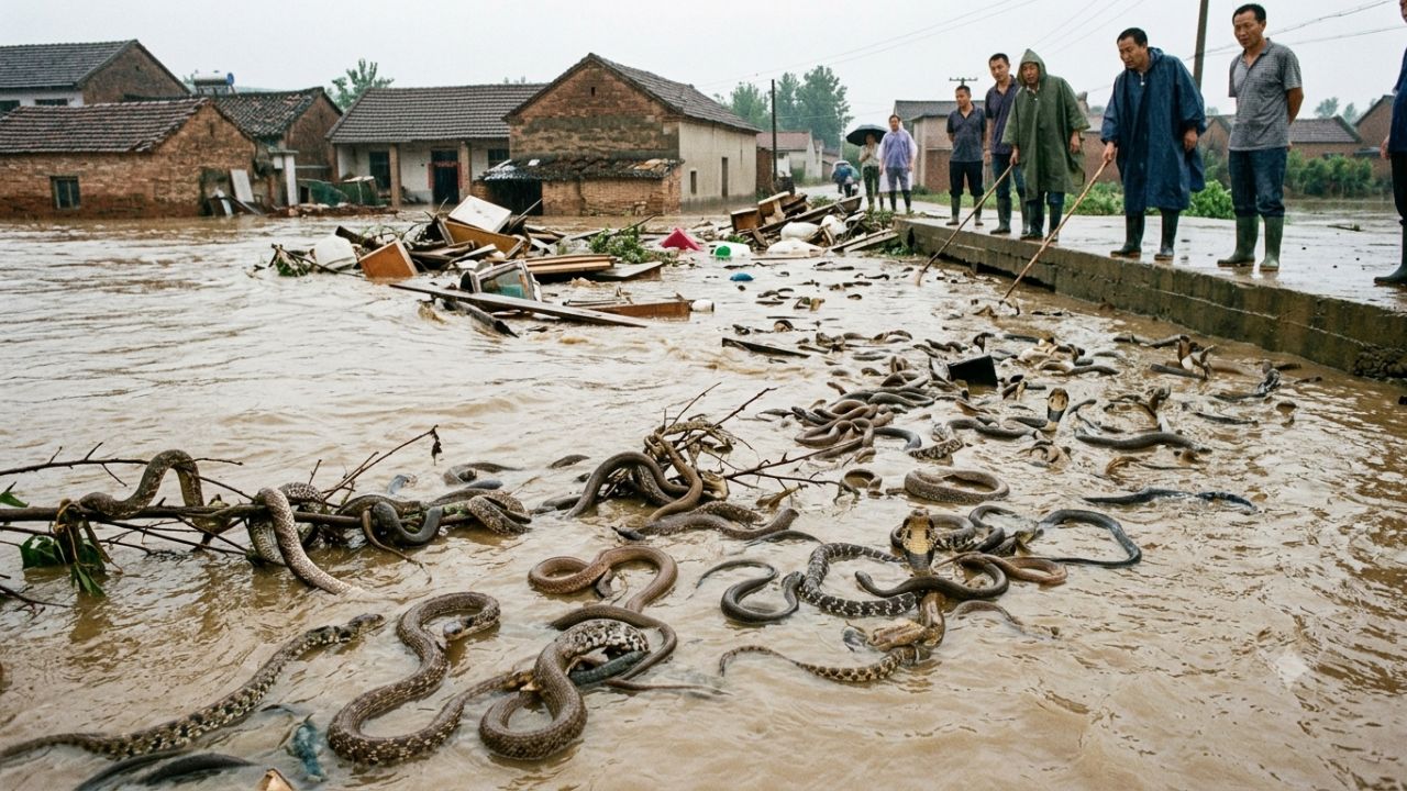 China floods: चीनमध्ये अस्मानी संकट! सर्प फार्मची भिंत कोसळली; 900 विषारी साप पुराच्या पाण्यात वाहून आल्याचा VIDEO VIRAL