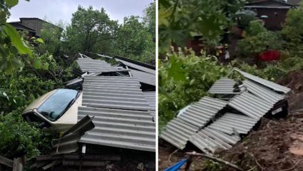 Karjat News : कर्जतच्या पळसदरीत दरड कोसळली; पाच वाहने मातीखाली, मुख्य रस्ता बंद