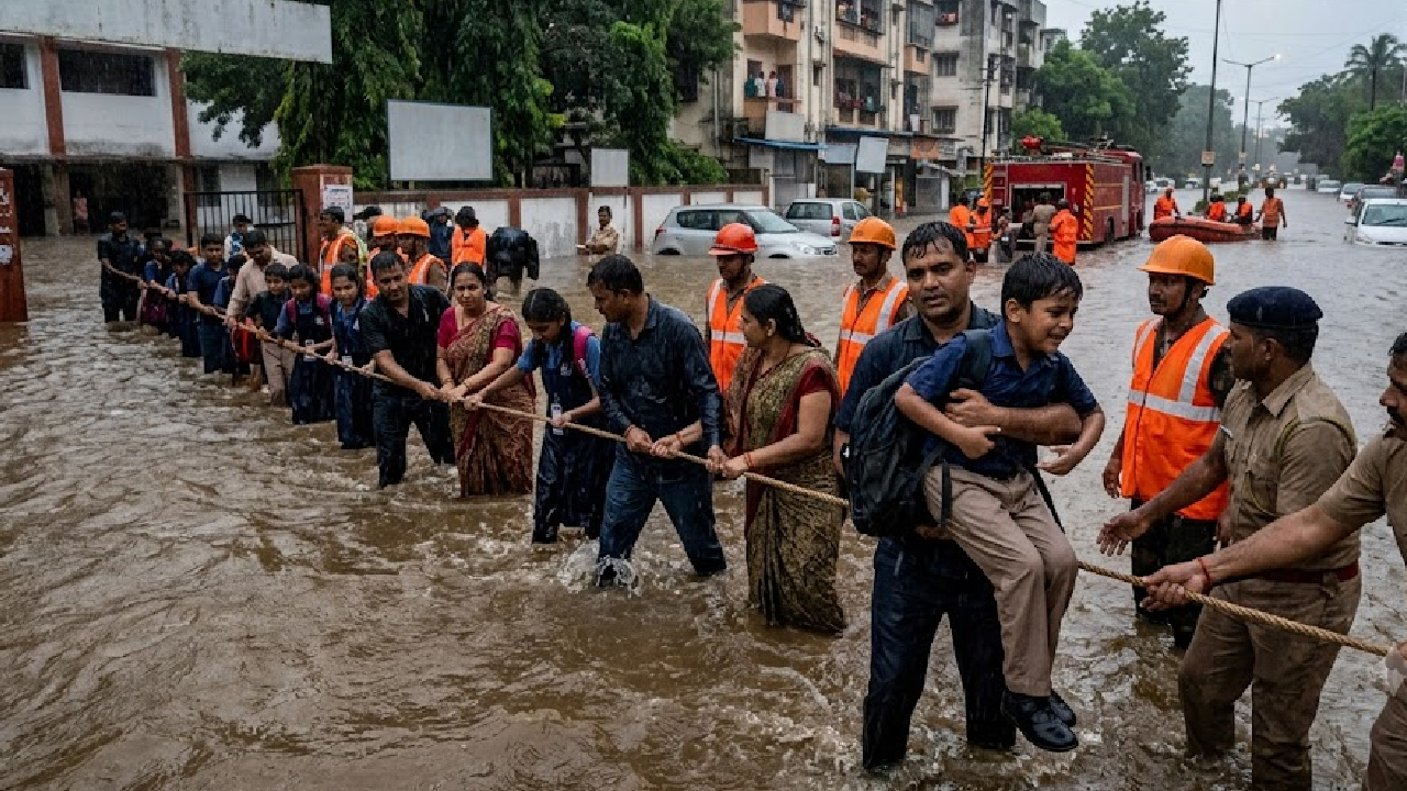 Nagpur मध्ये सुटकेचा थरार! ८०० विद्यार्थी तीन-चार फूट पाण्यात अडकले; मानवी साखळी करत…, पहा Video
