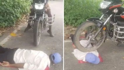 Stunt Video : आता तर हद्दच झाली! लाईक्स आणि व्ह्यूजसाठी थेट अंगावर चढवली बाईक; थरारक स्टंटचा VIDEO VIRAL