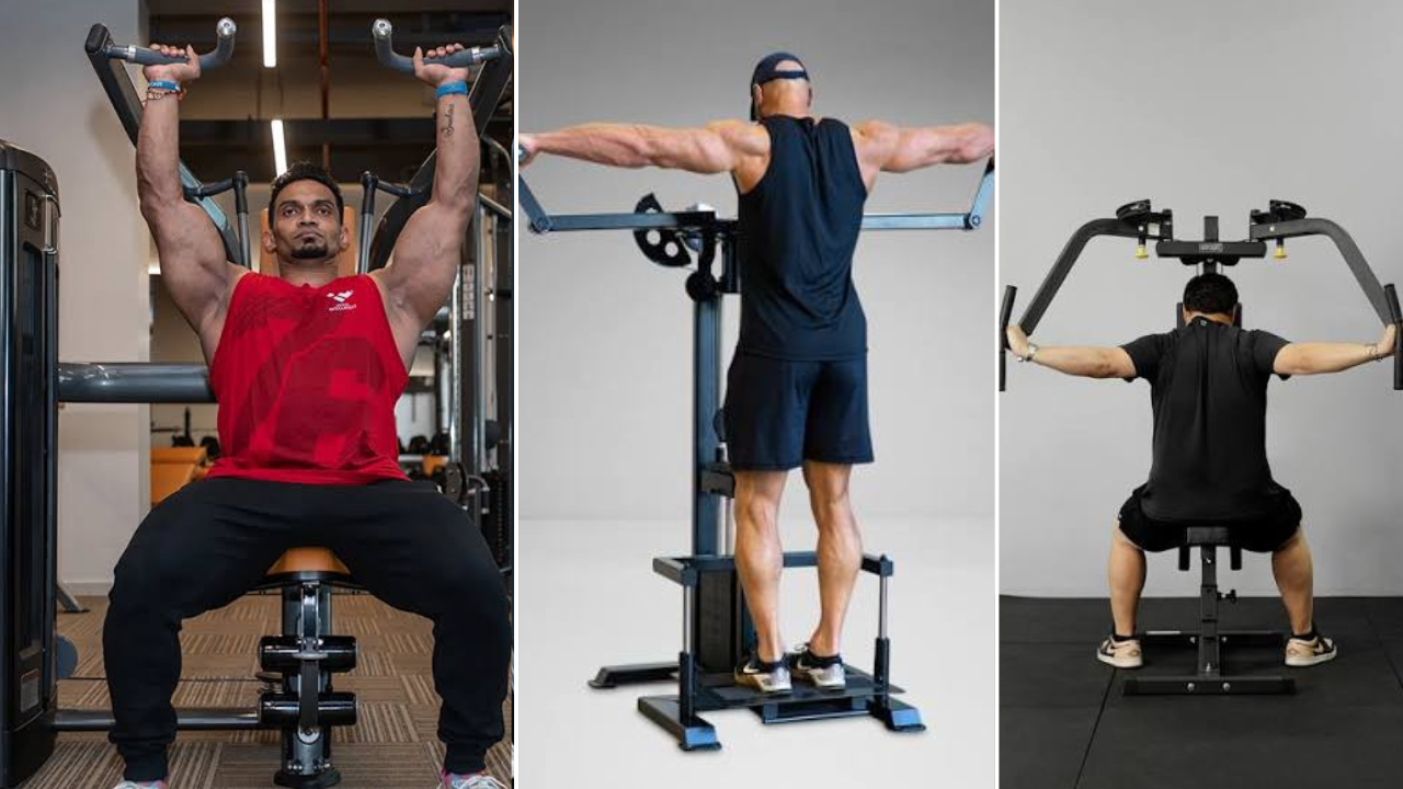 खांद्याचे स्नायू (Shoulders / Deltoids) •	Shoulder Press Machine: खांद्याचे स्नायू मोठे आणि मजबूत करण्यासाठी ही मशीन वापरली जाते. •	Lateral Raise Machine: खांद्याची बाजूची गोलाई (Side Delts) वाढवण्यासाठी ही मशीन अतिशय प्रभावी आहे. •	Reverse Pec Deck Machine: खांद्याचा मागील भाग (Rear Delts) मजबूत करण्यासाठी या मशीनचा उपयोग होतो.
