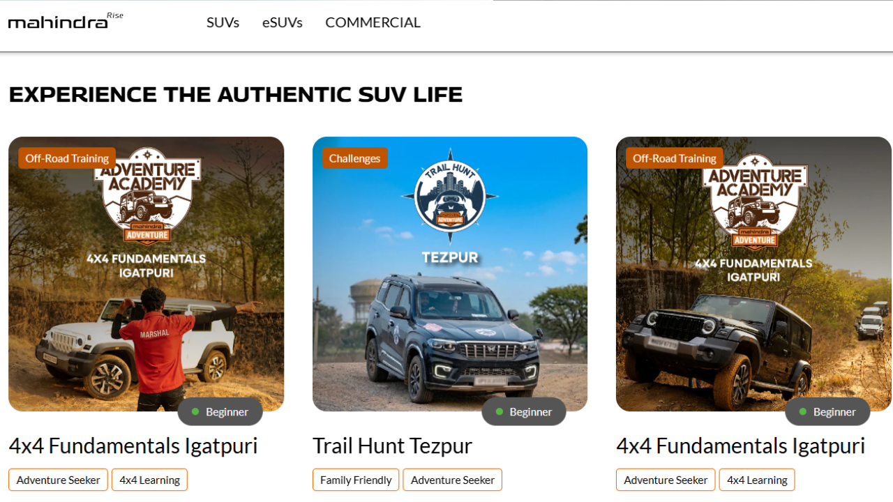 महिंद्रा ॲडव्हेंचर (Mahindra Adventure)- महिंद्रातर्फे इगतपुरी (नाशिक) येथील त्यांच्या ट्रॅकवर अधिकृत '4x4 Fundamentals' ट्रेनिंग कोर्सेस चालवले जातात. याशिवाय पावसाळ्यात लवासा किंवा लोणावळा परिसरात प्रसिद्ध 'ग्रेट एस्केप' (Great Escape) सारख्या लोकप्रिय ऑफ-रोडिंग रॅलीजचे आयोजन ही संस्था करते.