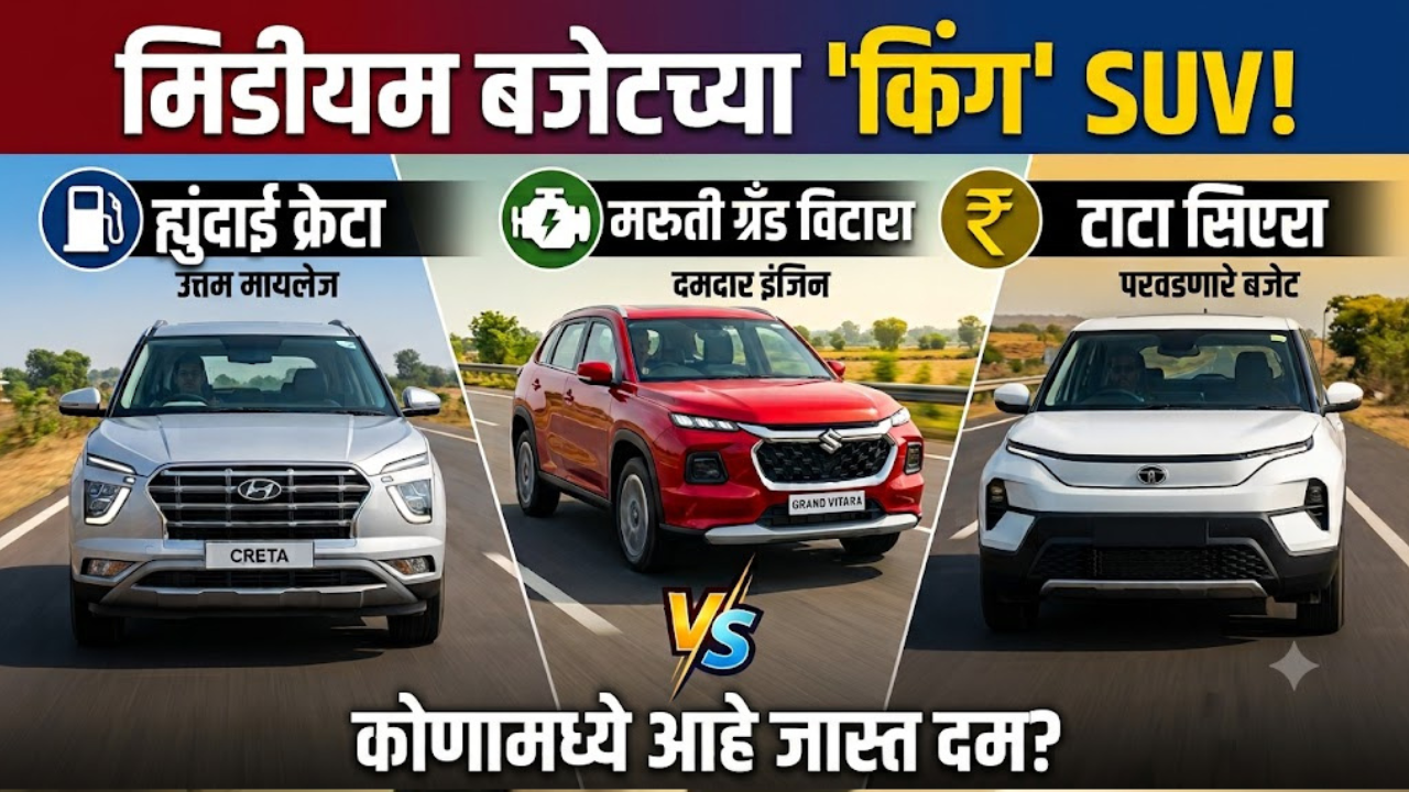 Hyundai Creta vs Tata Sierra vs Maruti Grand Vitara! मिडीयम बजेटच्या ‘किंग’ SUV;  कोणामध्ये आहे जास्त दम?
