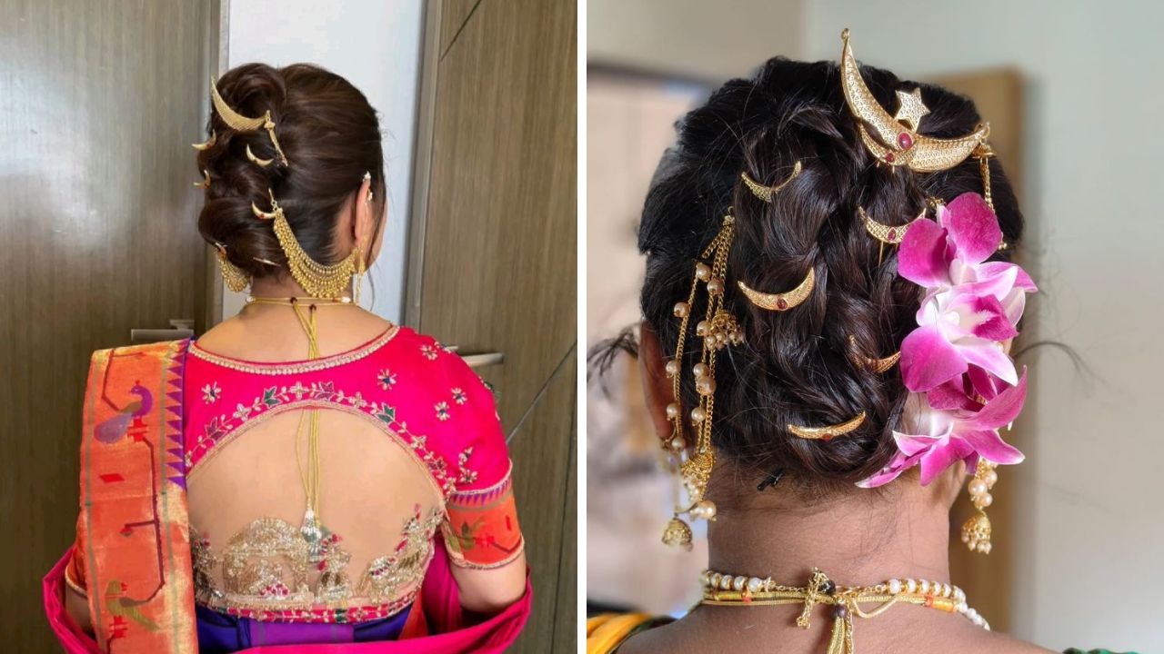 नऊवारी साडी नेसल्यानंतर त्यावर खोपा हेअर स्टाईल प्रामुख्याने केली जाते. खोपा बांधून त्यावर विविध रंगीत फुले किंवा हेअर पिन लावून सुंदर हेअर स्टाईल केली जाते.
