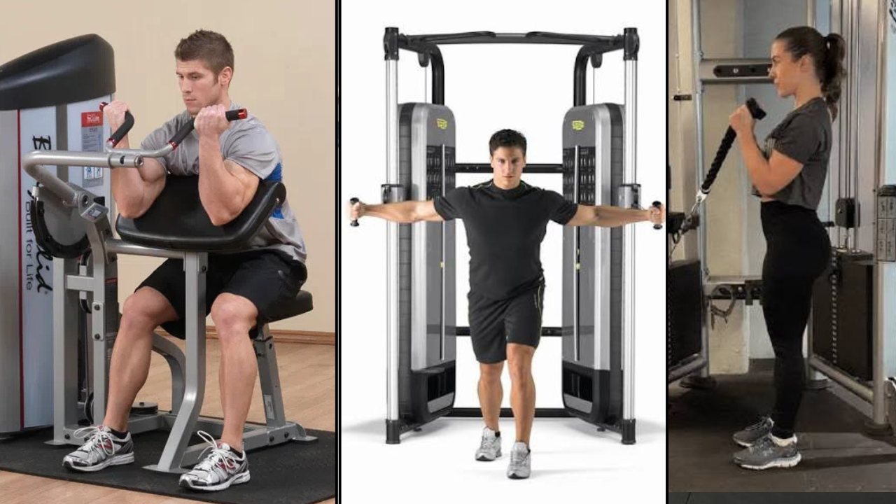 बायसेप्स (Biceps) •	Preacher Curl Machine: बायसेप्सच्या स्नायूंना योग्य आकार (Peak) देण्यासाठी ही सर्वोत्तम मशीन आहे. •	Cable Bicep Curl (Cable Crossover): केबलच्या सहाय्याने सलग ताण ठेवून बायसेप्सचे स्नायू कटिंगदार बनवले जातात. •	Dual Adjustable Pulley (DAP): विविध अँगलने बायसेप्स वर्कआउट करण्यासाठी या मल्टिफंक्शनल मशीनचा वापर होतो.