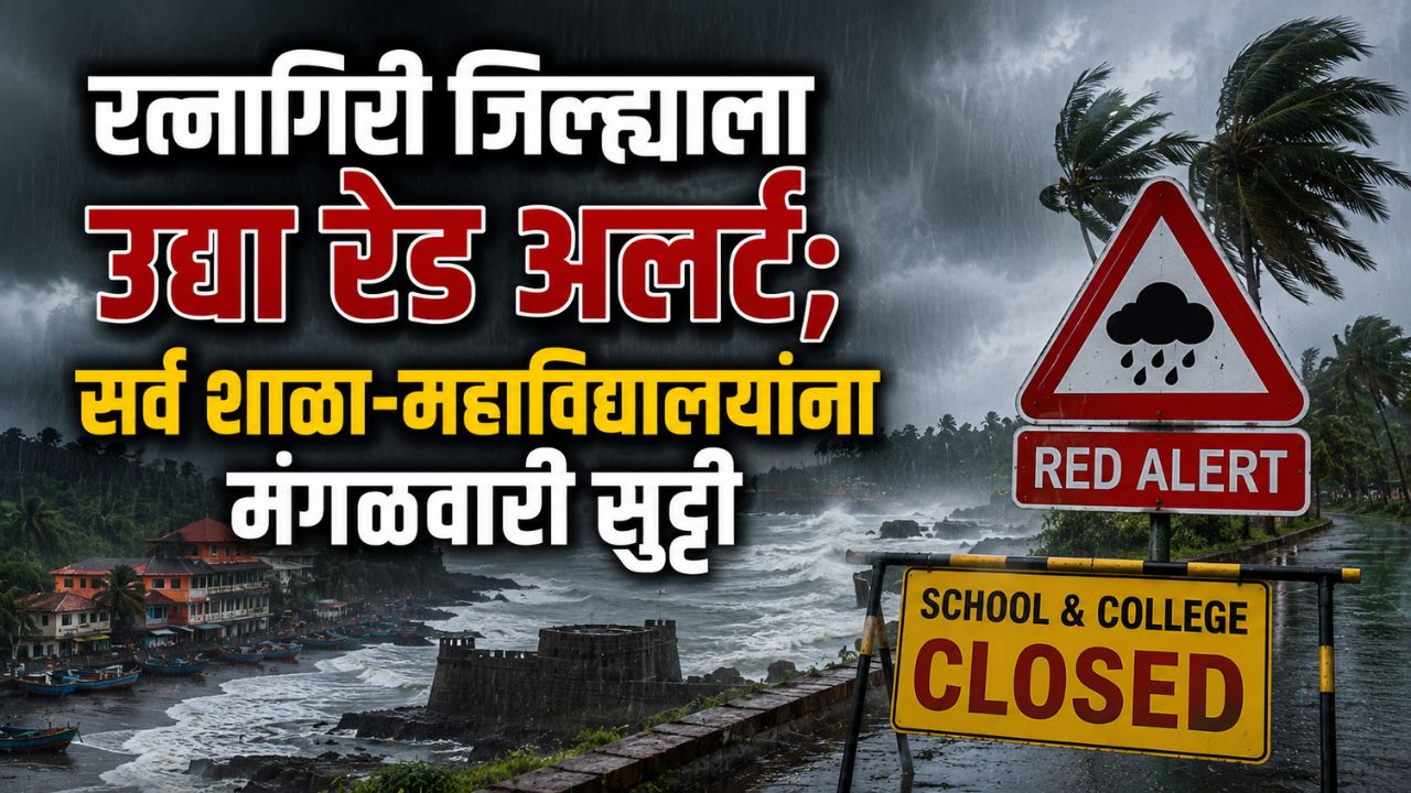 रत्नागिरी जिल्ह्याला उद्या रेड अलर्ट; सर्व शाळा-महाविद्यालयांना मंगळवारी सुट्टी, तर ‘या’ जिल्ह्याला अतिवृष्टीचा इशारा