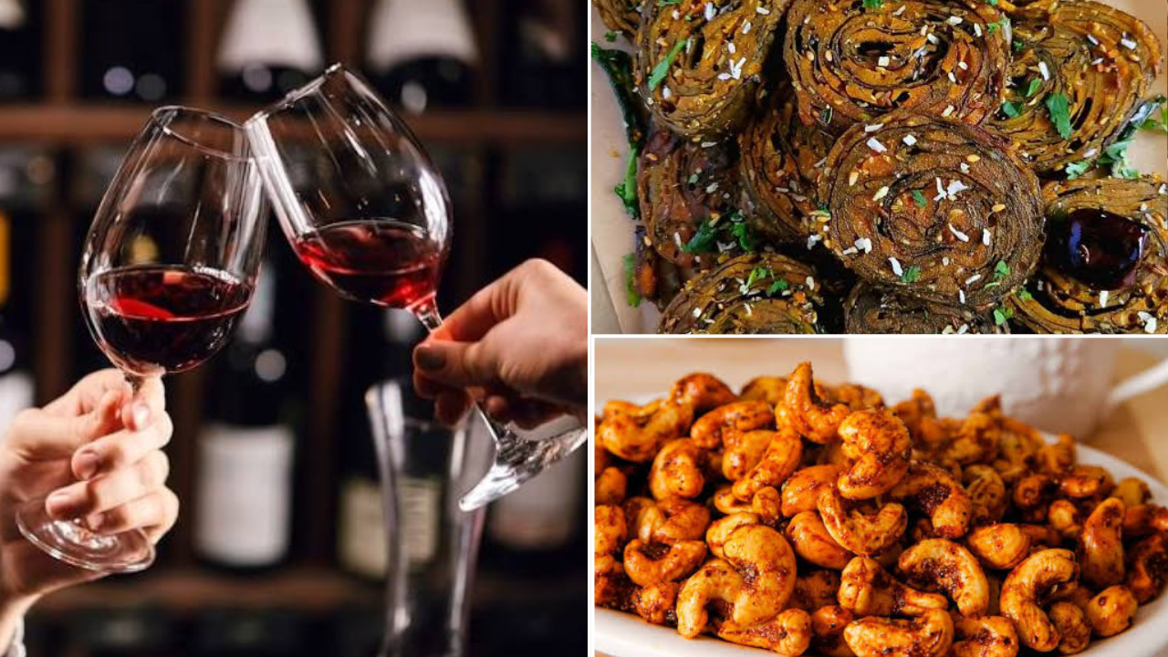 रेड वाईन (Red Wine) - अळूवाडी, भाजलेले काजू: रिमझिमणाऱ्या पावसात खिडकीत बसून शांत संगीत ऐकत रेड वाईनचा आस्वाद घेणे खूप रोमँटिक वाटते. या वाईनच्या सात्विक चवीसोबत खमंग शॅलो-फ्राय केलेली अळूवाडी आणि तुपात हलके भाजलेले काजू (Roasted Kaju) एक रॉयल आणि सुखद अनुभव देतात.