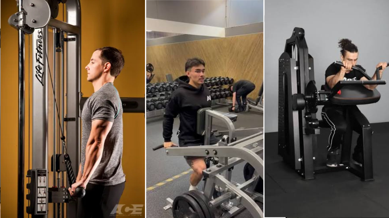 ट्रायसेप्स (Triceps) •	Triceps Pushdown (Cable Machine): ट्रायसेप्सचे स्नायू टोन आणि मजबूत करण्यासाठी Cable Attachment सह ही मशीन वापरतात. •	Triceps Dip Machine: शरीराचे वजन न वापरता ट्रायसेप्सवर थेट भार टाकण्यासाठी ही मशीन सोयीस्कर ठरते. •	Triceps Extension Machine: ट्रायसेप्सचा मागील मोठा स्नायू (Long Head) टार्गेट करण्यासाठी ही मशीन उपयुक्त आहे.