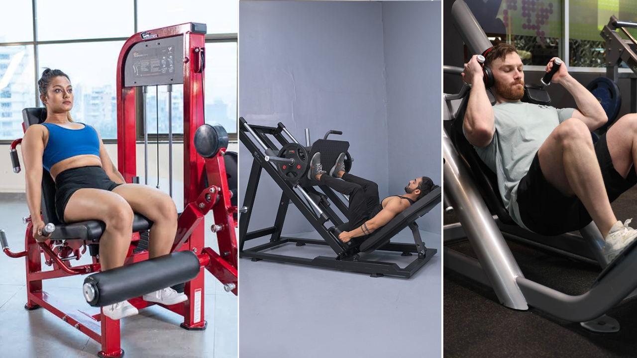 मांड्यांचे पुढील स्नायू (Quadriceps) •	Leg Extension Machine: मांड्यांच्या पुढील स्नायूंना (Quads) टोन आणि मजबूत करण्यासाठी ही अतिशय लोकप्रिय मशीन आहे. •	Leg Press Machine: पायांवर वजन उचलून मांड्यांचा आकार आणि ताकद वाढवण्यासाठी याचा वापर केला जातो. •	Hack Squat Machine: पाठीला आधार देऊन सुरक्षितपणे स्क्वॅट्स मारण्यासाठी ही मशीन वापरतात.