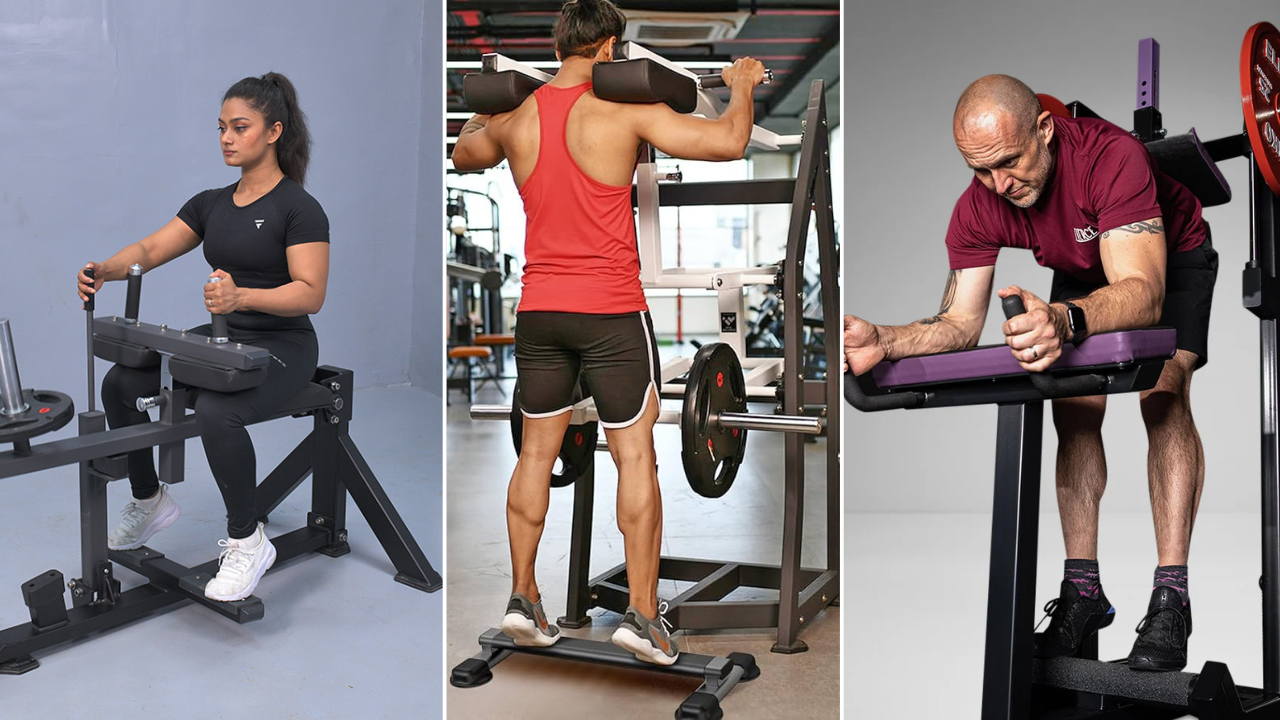 पायांचे खालचे स्नायू (Calves) •	Standing Calf Raise Machine: पायांच्या खालील स्नायू (Calves) उंच आणि टोन करण्यासाठी ही उभ्याने वापरायची मशीन आहे. •	Seated Calf Raise Machine: बसून सोयीस्करपणे काफ्सवर ताण देण्यासाठी या मशीनचा वापर होतो. •	Donkey Calf Raise Machine: काफ्सच्या स्नायूंना जास्तीत जास्त ताण देऊन मजबूत करण्यासाठी ही मशीन वापरली जाते.