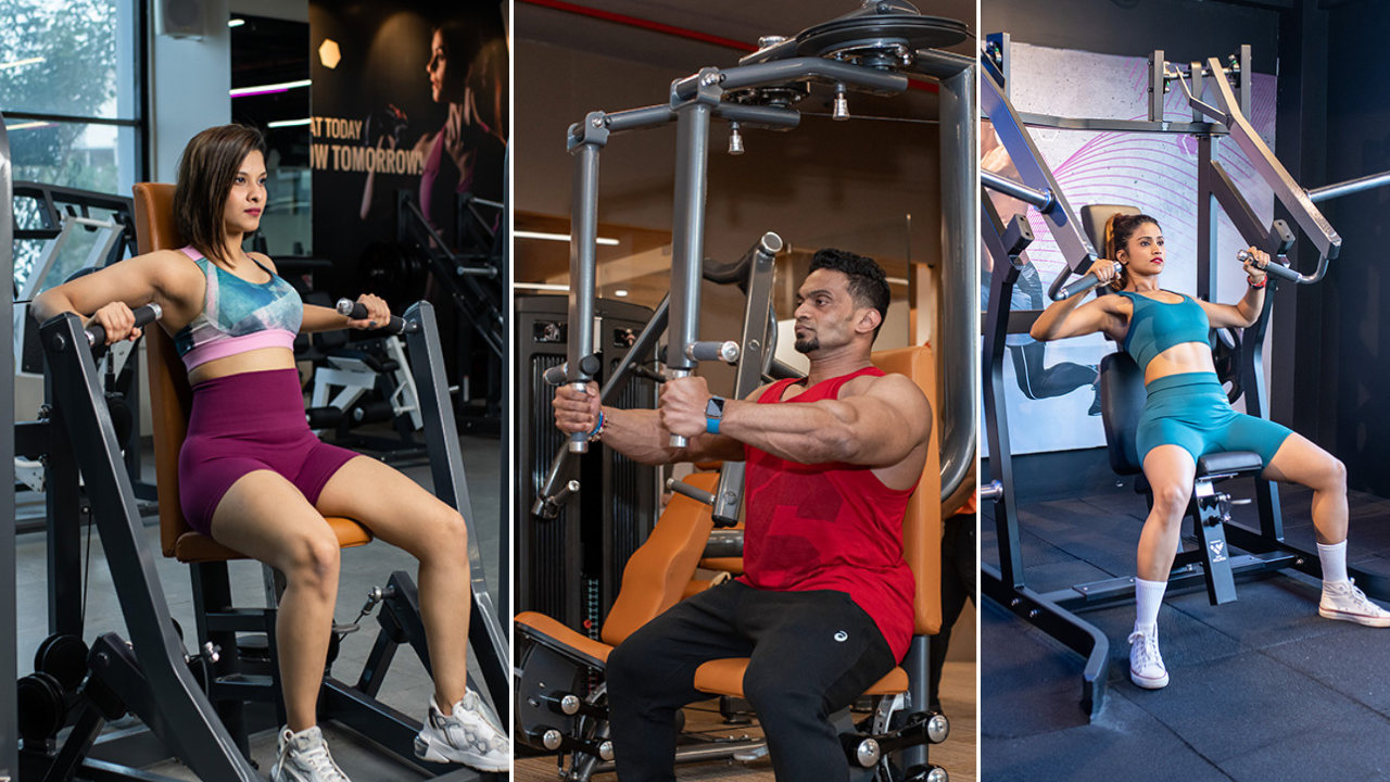 छातीचे स्नायू (Chest / Pectorals) •	Chest Press Machine: छातीच्या स्नायूंना टोन आणि मजबूत करण्यासाठी ही मशीन सर्वात सोपी आणि सुरक्षित मानली जाते. •	Pec Deck Fly Machine (Chest Fly): ही मशीन छातीचा मध्य भाग आणि कटिंग (definition) वाढवण्यासाठी वापरली जाते. •	Incline Press Machine: छातीचा वरचा भाग (Upper Chest) मजबूत आणि सुटसुटीत बनवण्यासाठी याचा वापर होतो.