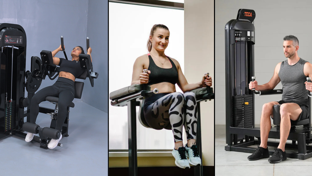 पोटाचे स्नायू (Abs / Core) •	Abdominal Crunch Machine: पोटावर दाब देऊन ॲब्सचे (Six-Pack) स्नायू बनवण्यासाठी ही मशीन वापरतात. •	Captain’s Chair (Leg Raise Machine): टांगून राहून पाय वर उचलून पोटाचा खालच्या भागातील चरबी कमी करण्यासाठी ही मशीन वापरतात. •	Rotary Torso Machine: पोटाच्या बाजूचे स्नायू (Obliques) टोन करण्यासाठी आणि कंबर बारीक करण्यासाठी याचा वापर होतो.