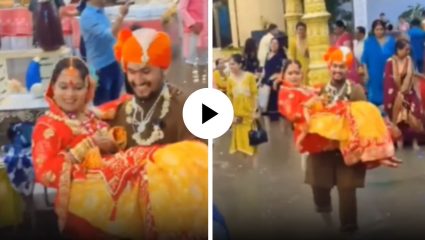 प्रेम असावं तर असं! पावसाने मंडप बुडाला, तरी वराने फिल्मी स्टाईलमध्ये वधूला कडेवर घेत पूर्ण केले सात फेरे; Video Viral