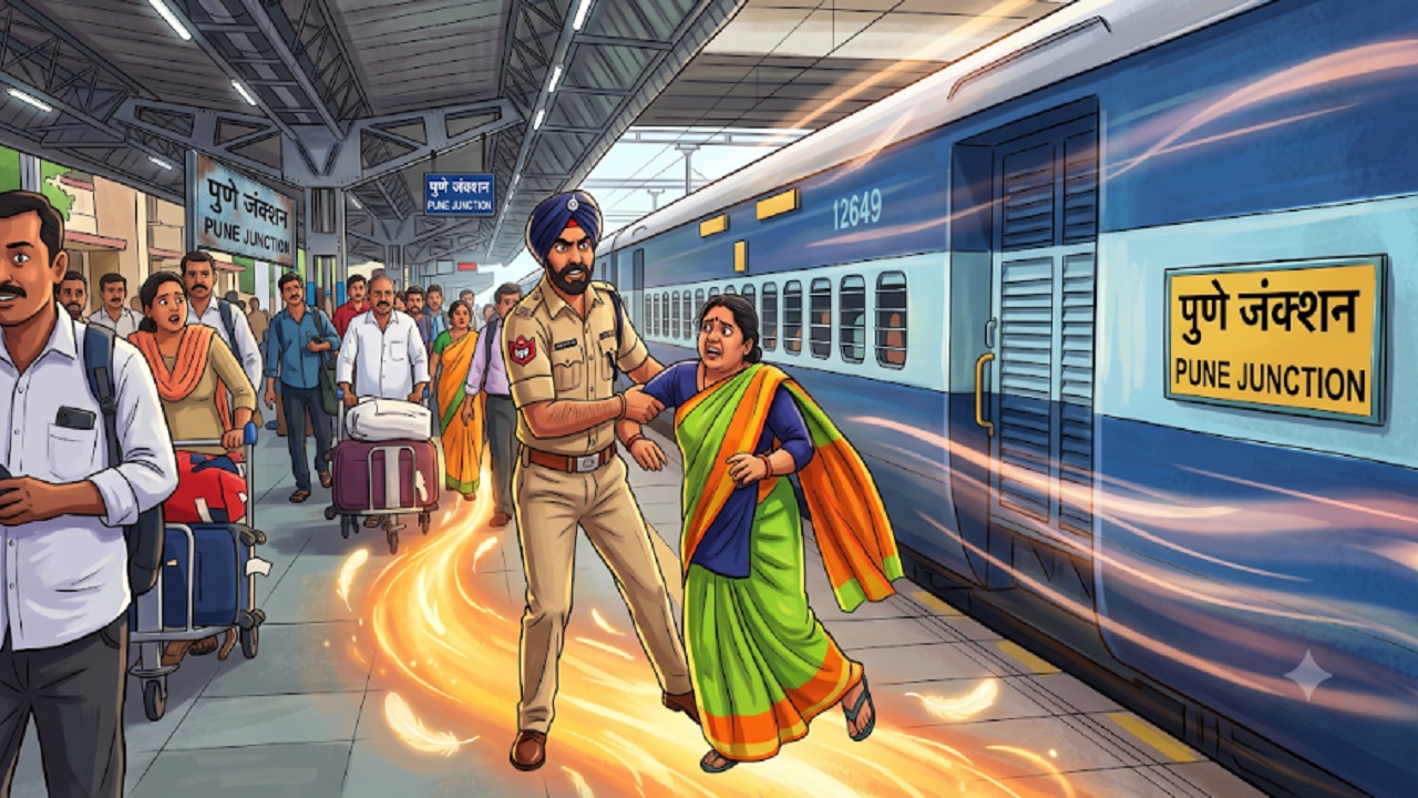 देवदूतासारखा धावला आरपीएफ जवान! पुणे रेल्वे स्थानकावर ट्रेनखाली जाणाऱ्या महिला प्रवाशाचे वाचवले प्राण