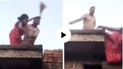 छतावरील वाद विकोपाला! संतापलेल्या पतीने पत्नीला शिडीवरून ढकललं; धक्कादायक Video Viral