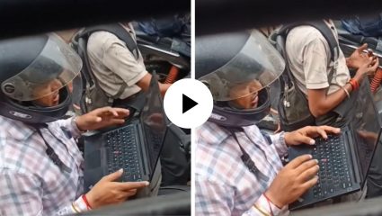 ही व्यथा काही आगळीच… सिग्नल लागताच तरुणाने लगेच बाईकच्या टाकीवर सुरु केला लॅपटाॅप; म्हणाला, हेच आहे कॉर्पोरेटचे आयुष्य