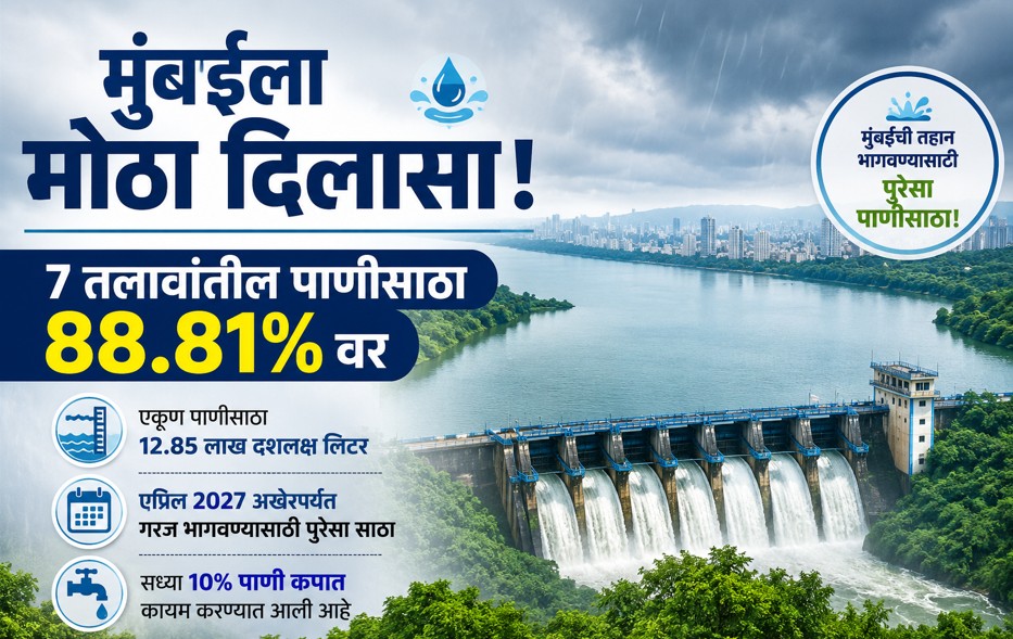 मान्सूनची मेहरबानी! मुंबईला पाणीपुरवठा करणारे ७ तलाव ८८.८१% भरले. १०% पाणी कपात कायम !