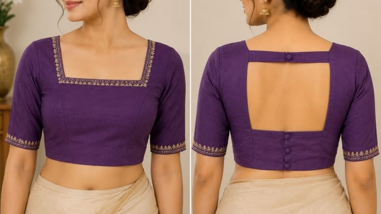 चौकोनी आकारातील ब्लाऊज डिझाईन कोणत्याही साडीवर शोभून दिसते. त्यामुळे ब्लाऊजच्या बाह्यांना हलकीशी झालर लावून ब्लाऊज आणखीनच आकर्षक करू शकता. 