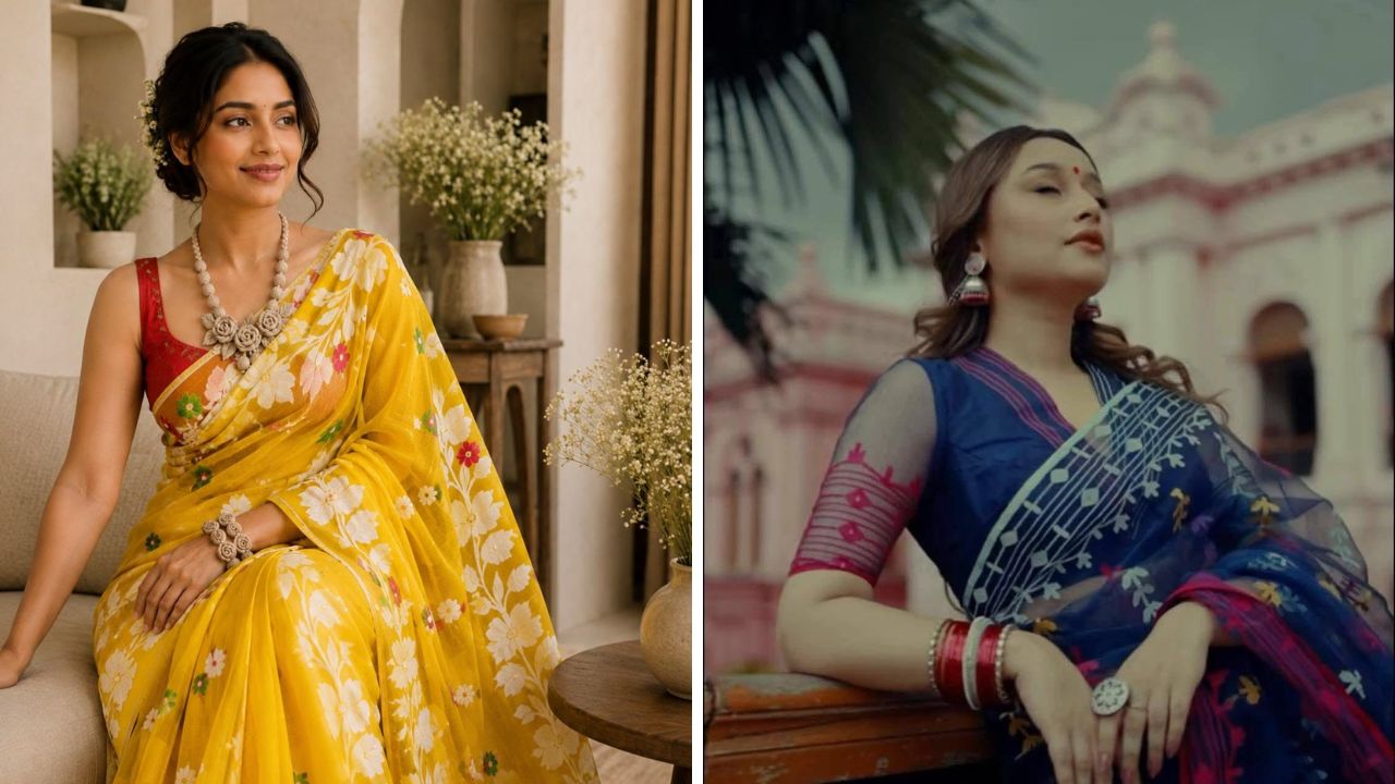 पश्चिम बंगालची ओळख असणारी जमदानी साडी सणांसाठी अतिशय उत्तम आहे. नाजूक फुलांची नक्षीकाम आणि सिल्क फॅब्रिकमधील साडी नेसल्यानंतर अतिशय सुंदर दिसते.