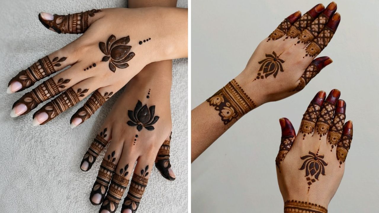 हल्ली सर्वच महिलांना मिनिमल मेहेंदी काढायला खूप जास्त आवडते. या डिझाईनची मेहेंदी सर्वच कार्यक्रमांसाठी परफेक्ट आहे.  नाजूक कमळ आणि ठिपके देऊन काढलेली मेहेंदी सणावारांची शोभा वाढवते. 