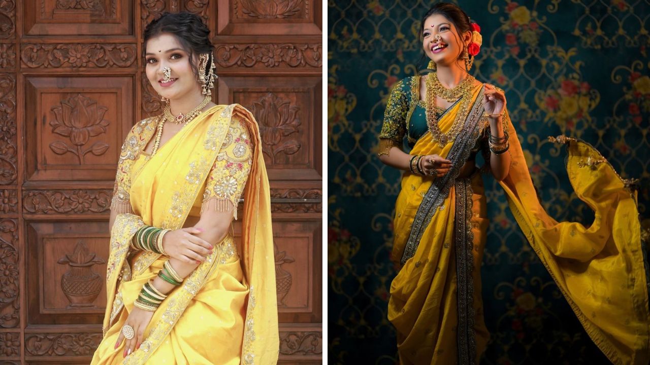 लग्न सोहळ्यात प्रामुख्याने पिवळ्या रंगाची साडी नेसली जाते. त्यामुळे पूर्णपणे पिवळी किंवा पिवळ्या रंगाची कॉन्ट्रास्ट साडी मंगळागौरीच्या पूजेसाठी उत्तम पर्याय आहे.