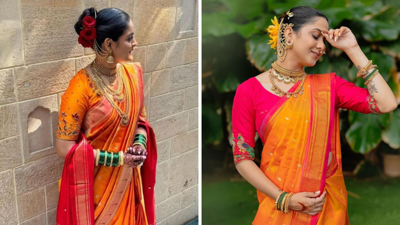 मंगळागौरीच्या पूजेत रॉयल आणि हटके लुक हवा असेल तर केशरी रंगाची साडी तुम्ही खरेदी करू शकता. केशरी रंगाच्या साडीवर डार्क गुलाबी ब्लाऊज सुंदर दिसेल.