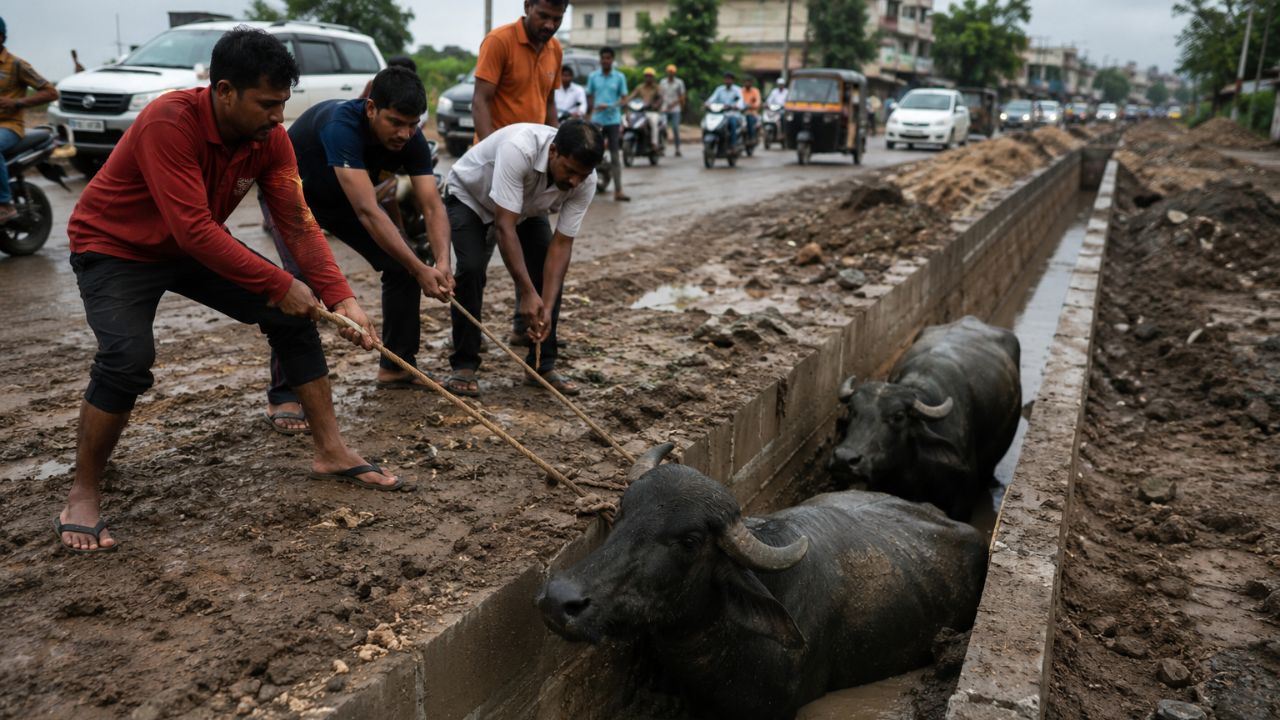 Wardha News : सेलूमध्ये रस्ता रुंदीकरणाचा बोजवारा; उघड्या नालीत पडल्या 2 म्हशी, कंत्राटदाराच्या हलगर्जीमुळे अपघात
