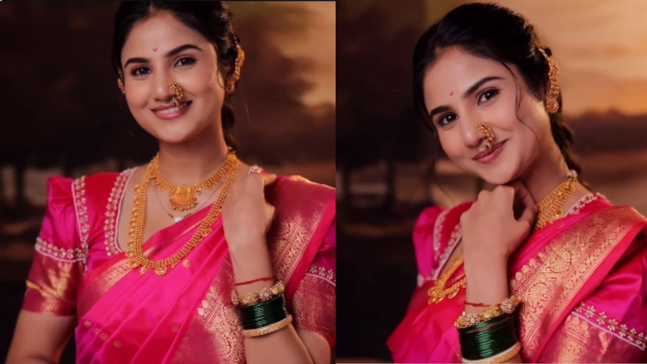 तिसऱ्या फोटोमध्ये तिचा मेकअप जवळून दिसतोय. पूजाने कुठेही जास्त मेकअप केला नसून डोळ्यांना थोडसं काजळ, हलकी लिपस्टिक लावली आहे.