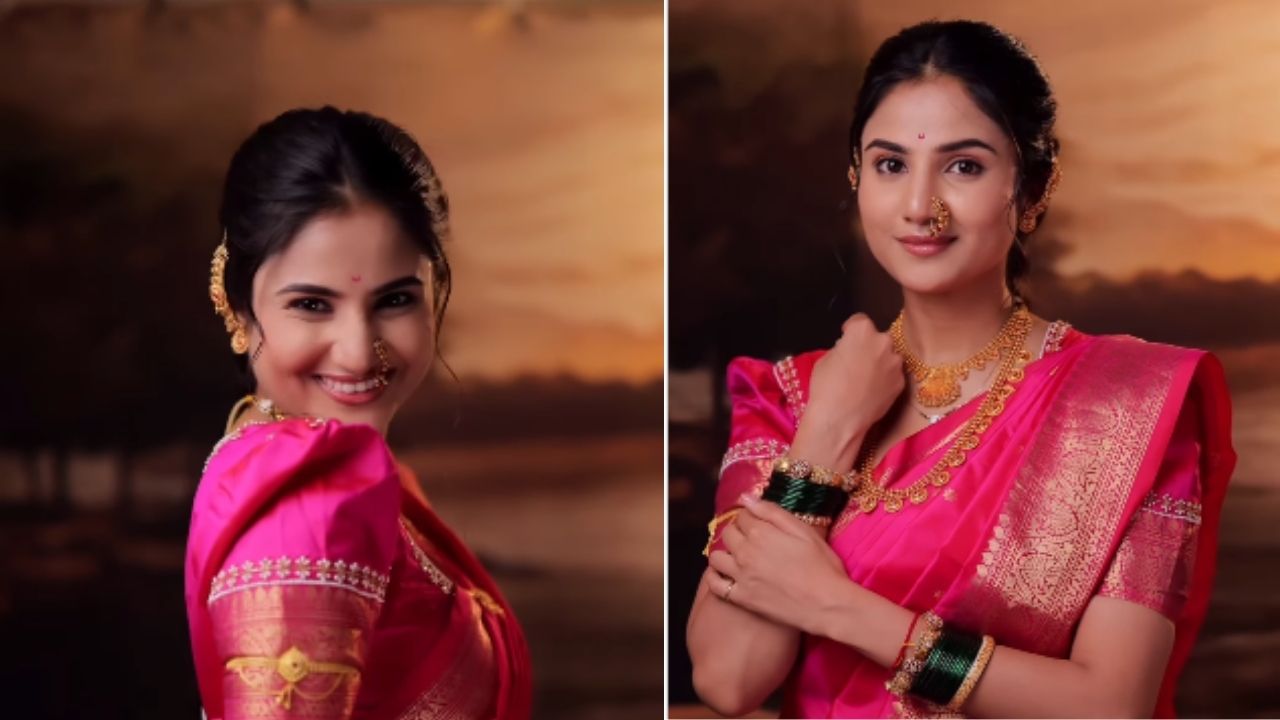 पुढच्या फोटोत तिची केशरचना बघा. साडीवर केस कसे बांधायचे हे खूप महत्त्वाचं असतं. पूजाने केस खूप सुंदर बांधले आहेत. कधी मोकळे केस तर कधी अंबाडा, पण तिने जे केलंय ते साडीवर एकदम सूट होतंय. साडी, दागिने, मेकअप आणि केस, सगळ्यांचा मेळ अगदी परफेक्ट बसला आहे.