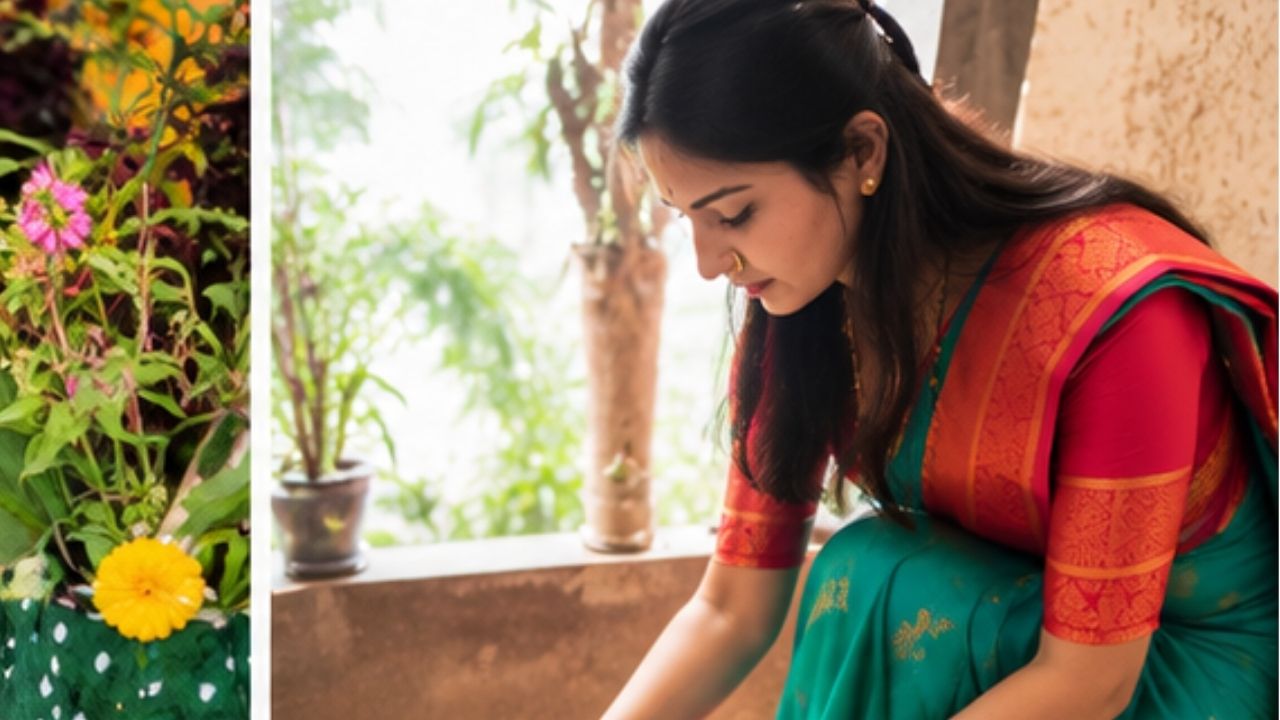 पूजाने जड दागिने घातले नाहीत. कानात छोटे दागिने आणि गळ्यात फक्त मंगळसूत्र. एवढ्यावरच तिने आपला लुक पूर्ण केला आहे. सणाच्या दिवशी जास्त दागिने न घालता असं नाजूक काहीतरी घातलं की जास्त सुंदर दिसतं, हे तिने दाखवून दिलं.
