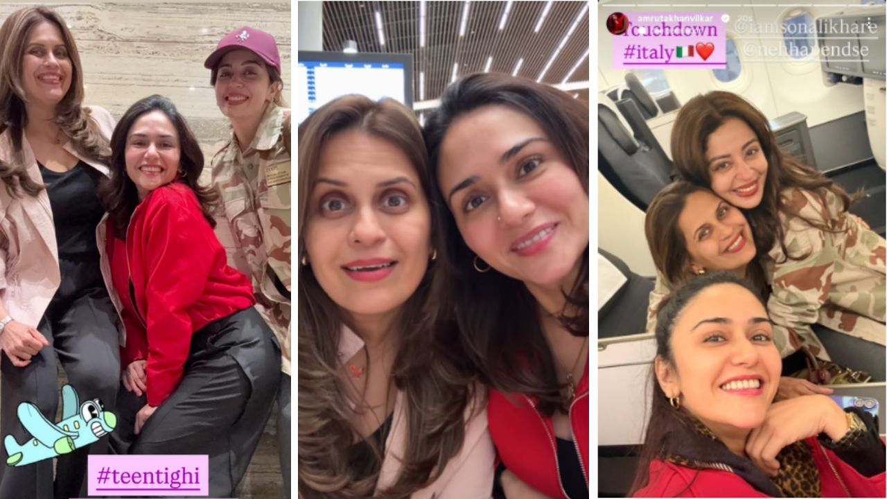 Amruta Khanvilkar: अमृता खानविलकरची ‘तीन तिघी’ गँग परदेशात! फोटो शेअर करत म्हणाली, “आमच्या बॅगा…”