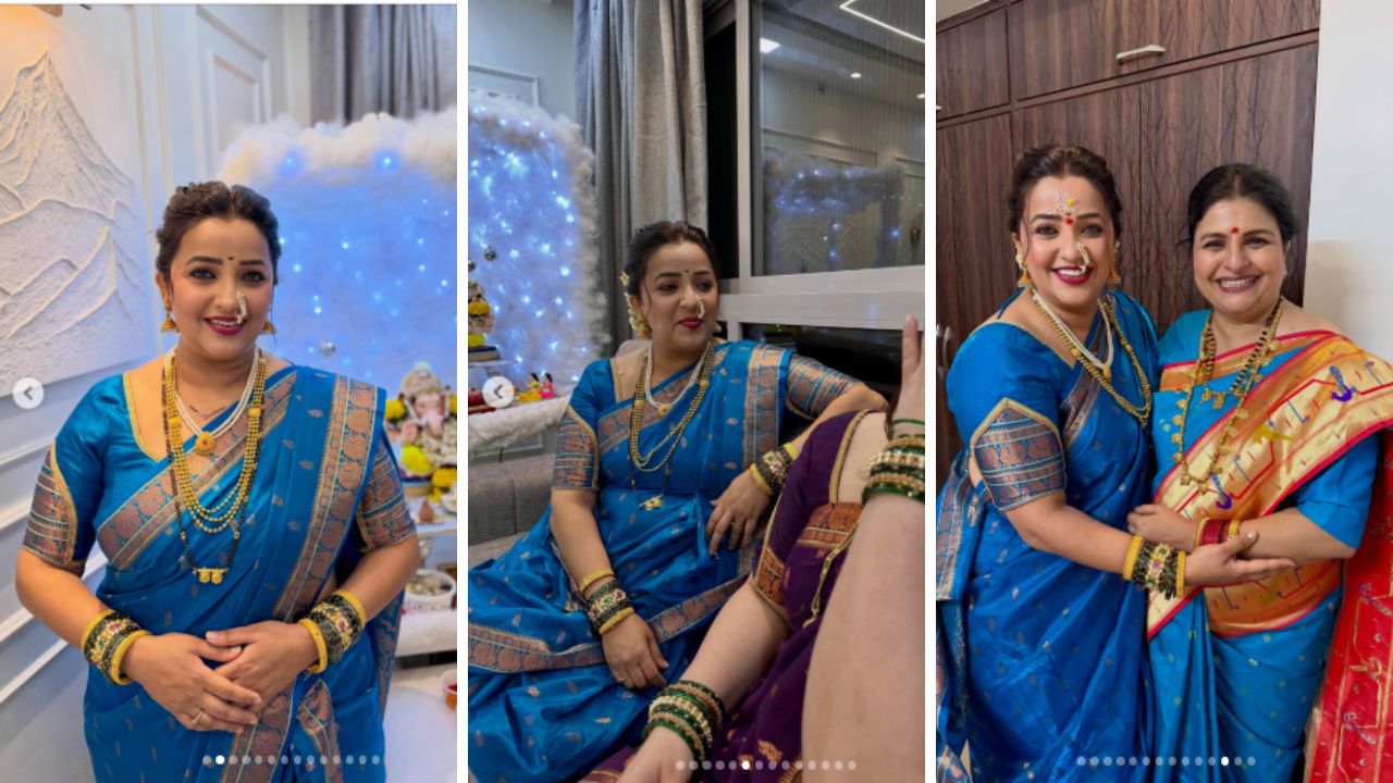 Apurva Nemlekar Ganeshotsav Look: निळ्या साडीत अपूर्वा नेमळेकरचा सुंदर मराठमोळा लुक! मंगळसूत्राने वेधलं लक्ष, फोटो व्हायरल