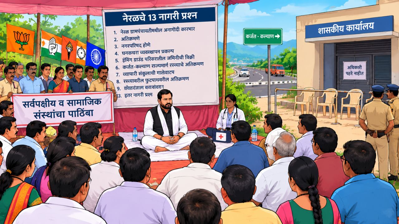 Raigad News: १३ नागरी प्रश्नांसाठी नेरळमध्ये उपोषण; दुसऱ्या दिवशीही प्रशासनाची पाठ, अधिकाऱ्यांच्या अनुपस्थितीने संताप