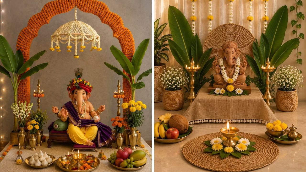 फुलांची सजावट करून बाप्पाचे सुंदर आगमन करू शकता. बाजारात वेगवेगळ्या रंगांची फुले उपलब्ध आहेत. या फुलांचा वापर करून तयार केलेले डेकोरेशन अतिशय हटके दिसेल. 