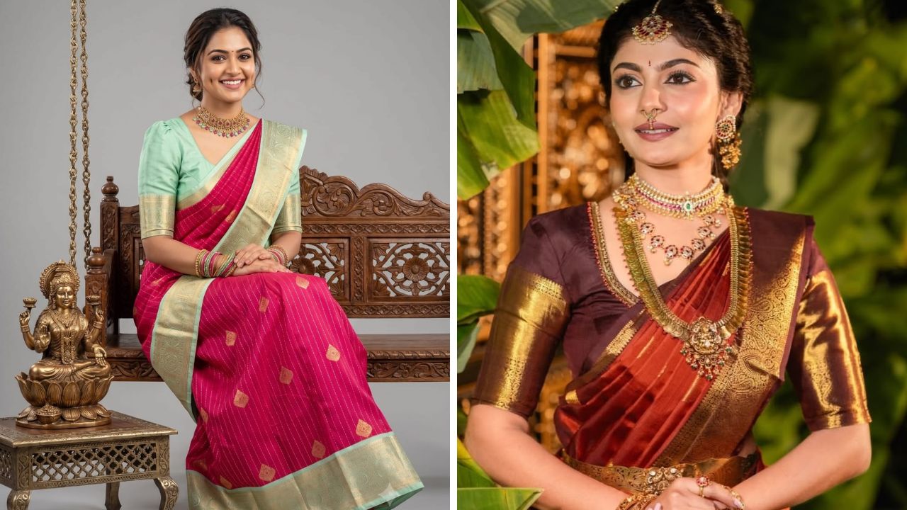 दक्षिण भारतात फेमस असलेली कांजीवरम सिल्क साडी लग्न समारंभात आवर्जून नेसली जाते. या साडीचा हेवी आणि रिच लुक कार्यक्रमाची शोभा वाढवतो.