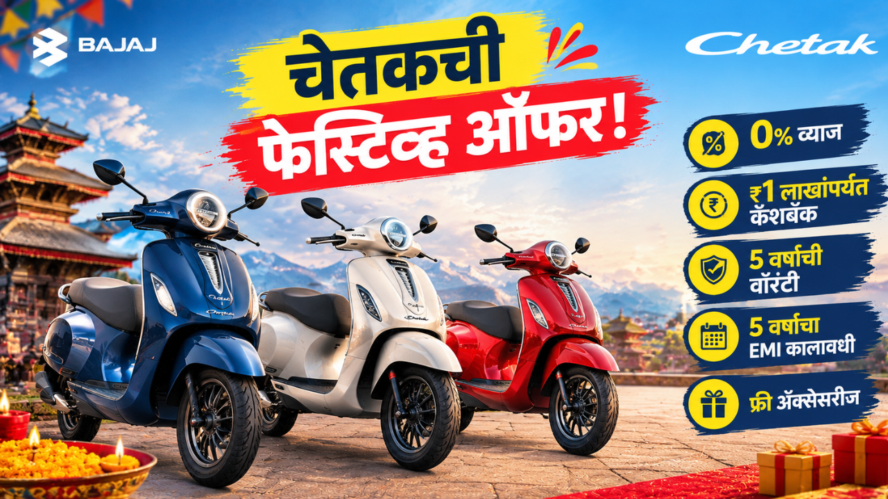 बजाज चेतकची ‘Festive Five’ ऑफर; 0% व्याज, ₹1,00,000 पर्यंत कॅशबॅकसह मिळणार 5 फायदे!