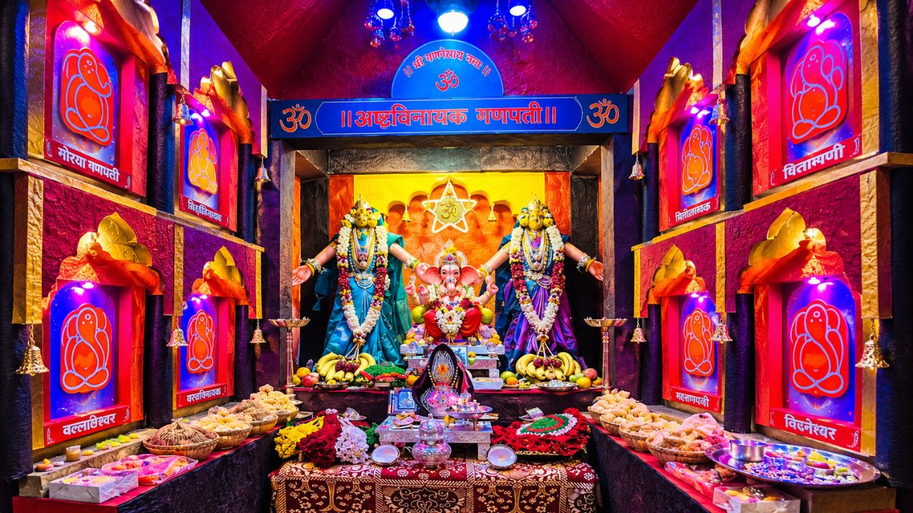 Solapur News : अष्टविनायकांच्या दर्शनाने कुंभारी उजळली! स्वामी परिवाराचा नयनरम्य देखावा ठरतोय आकर्षण