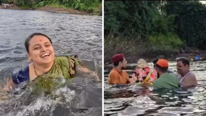 Marathi Singer: चक्क साडी नेसून नदीत पोहली, गणपती विसर्जनाचीही केली पूजा; ‘या’ मराठी गायिकेचा Video तुफान व्हायरल