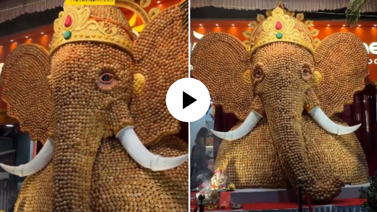 अद्भूत कलाकृती! पुण्यात २१,००० पाणीपुऱ्यांचा वापर करून साकारली गणपती बाप्पाची भव्य मूर्ती; Video Viral
